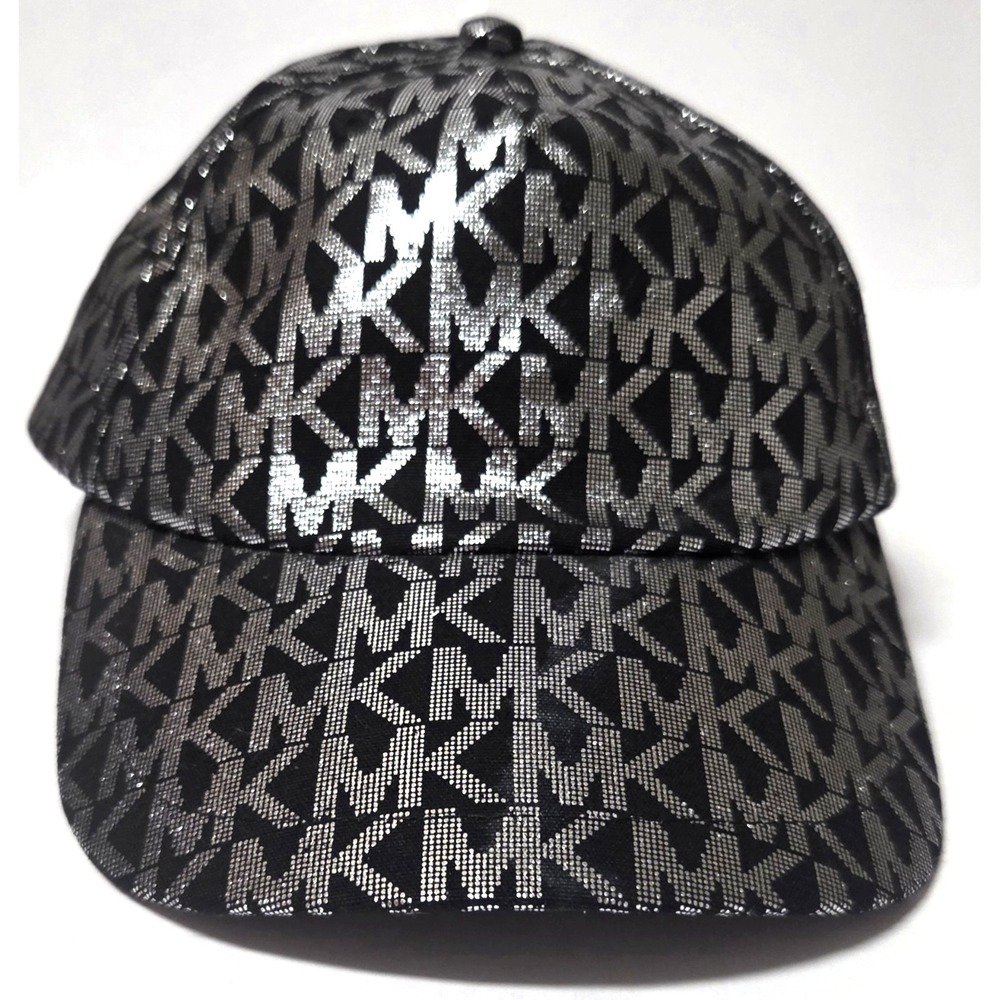 MICHAEL Michael Kors Hat NWT Black Metallic Silver Logo Repeat OSFM Adjustable
